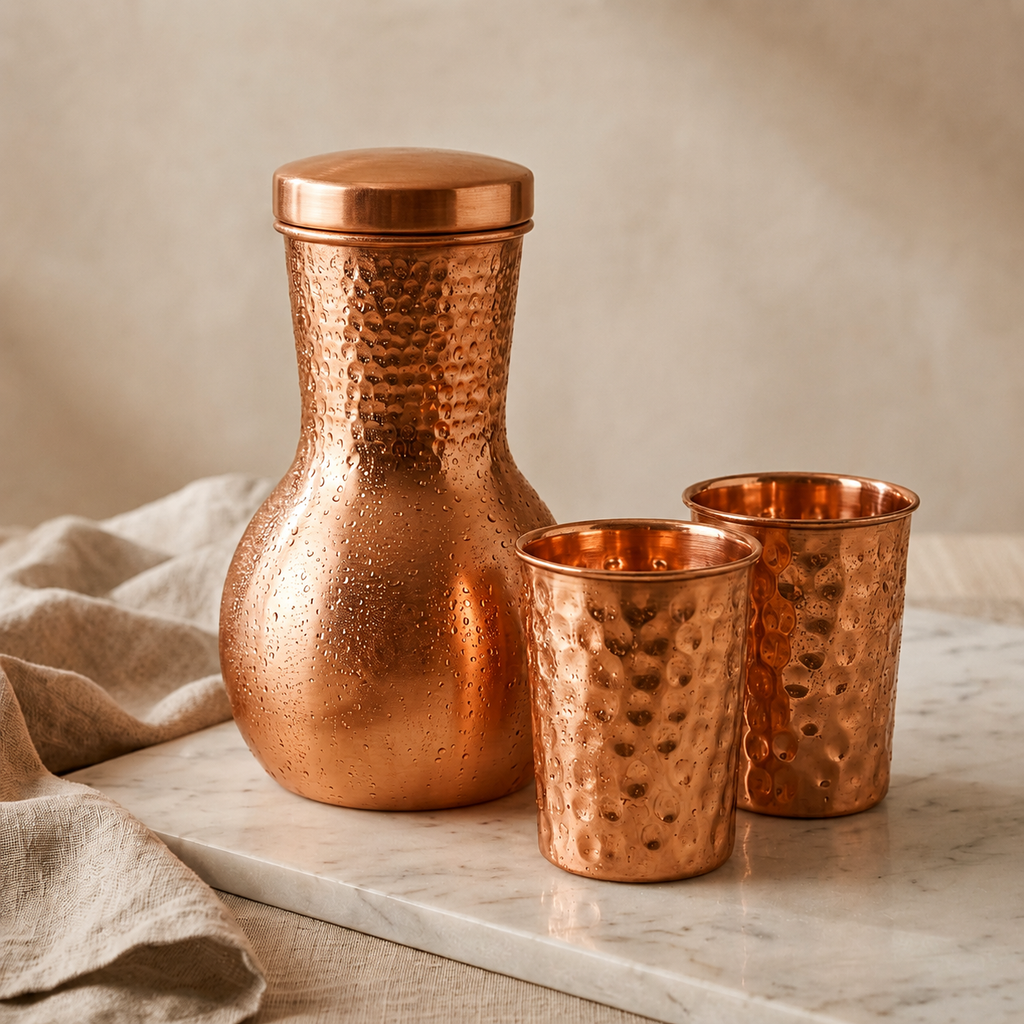 Copper & Co. Pure 99.9% Copper Bedside Carafe + Tumbler Set | Hand Hammered