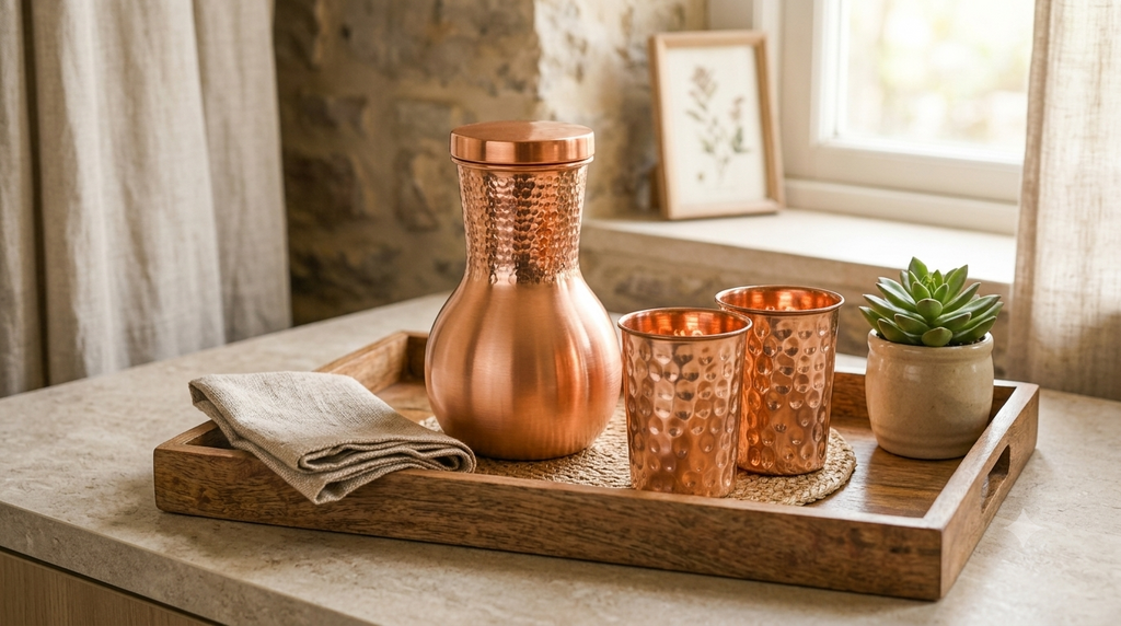 Copper & Co. Pure 99.9% Copper Bedside Carafe + Tumbler Set | Hand Hammered